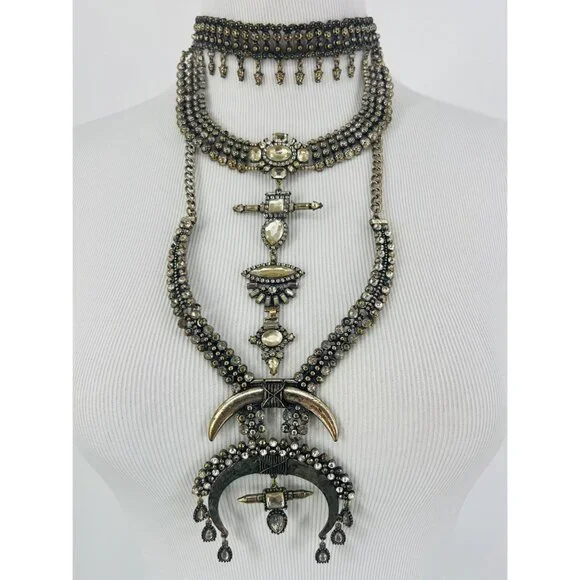 Free People Multilayered Antiqued Silver & Rhinestone Necklace - Picture 13 of 16